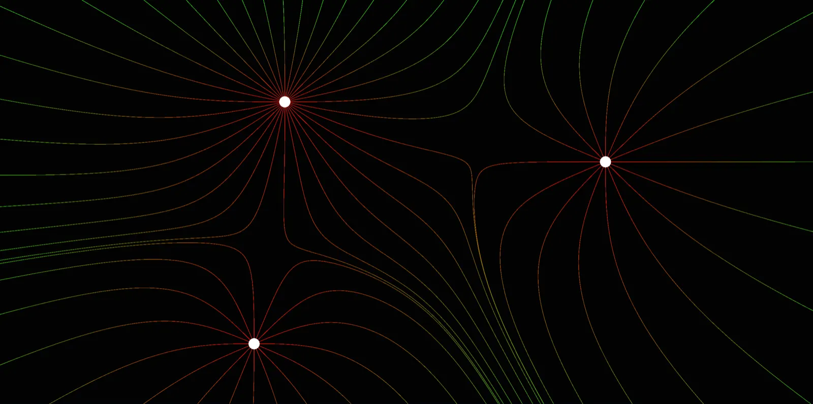 Three masses on black, field lines fanning out from each, coloured from green where the field is weak to red where it is strong