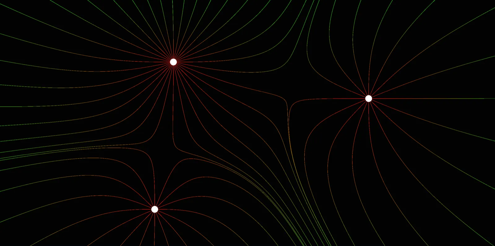 Three masses on black, field lines fanning out from each, coloured from green where the field is weak to red where it is strong