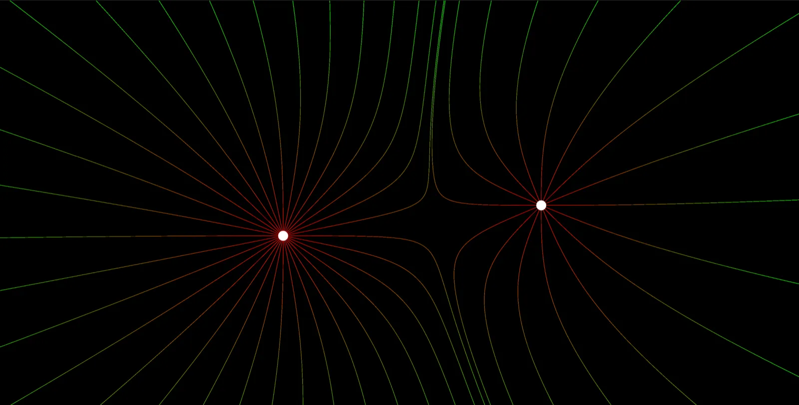 Field lines of two masses, traced with Bezier curves, colour-coded from green (weak) to red (strong)