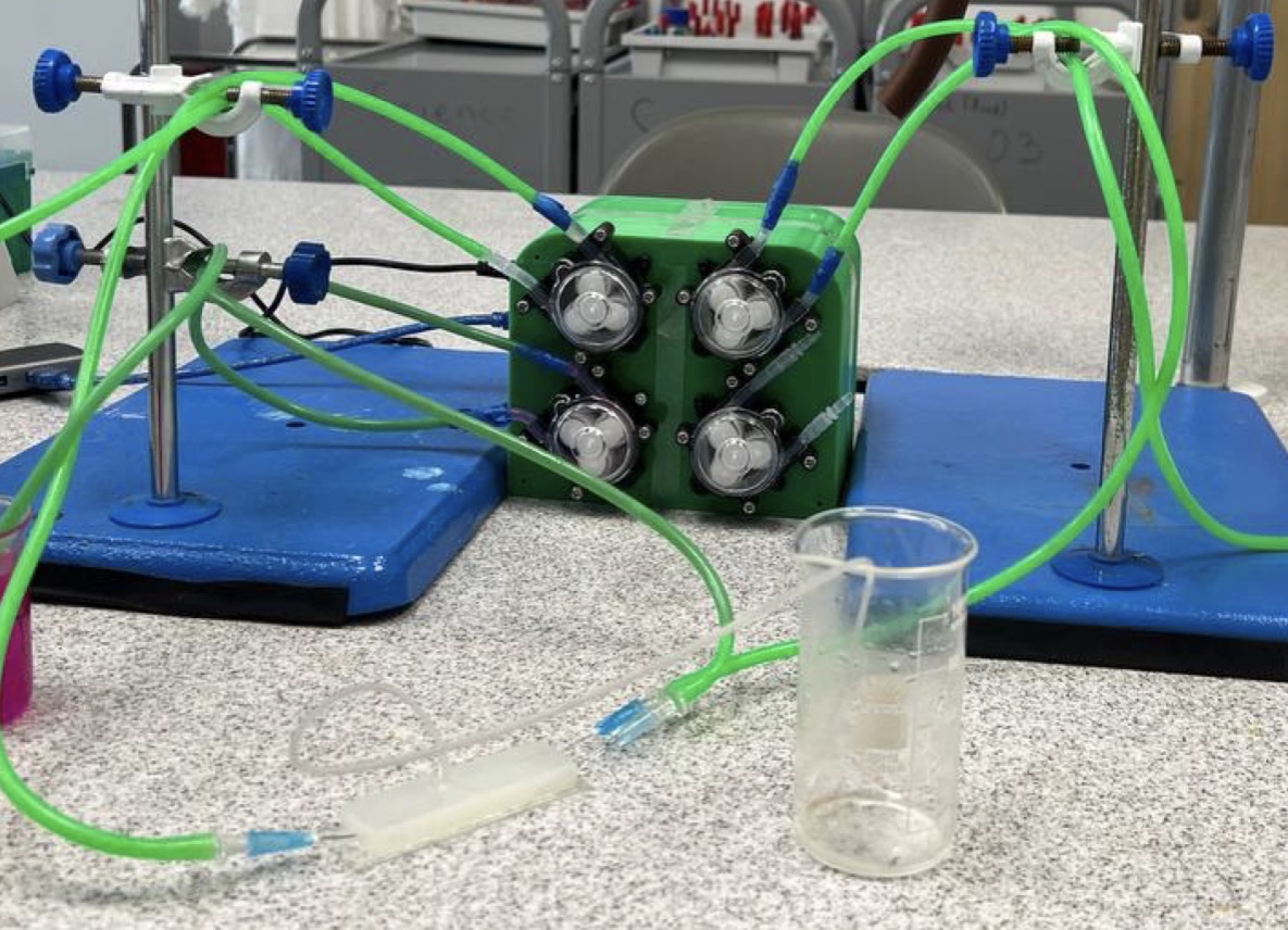 Four-channel peristaltic pump rig connected to the PDMS chip during testing