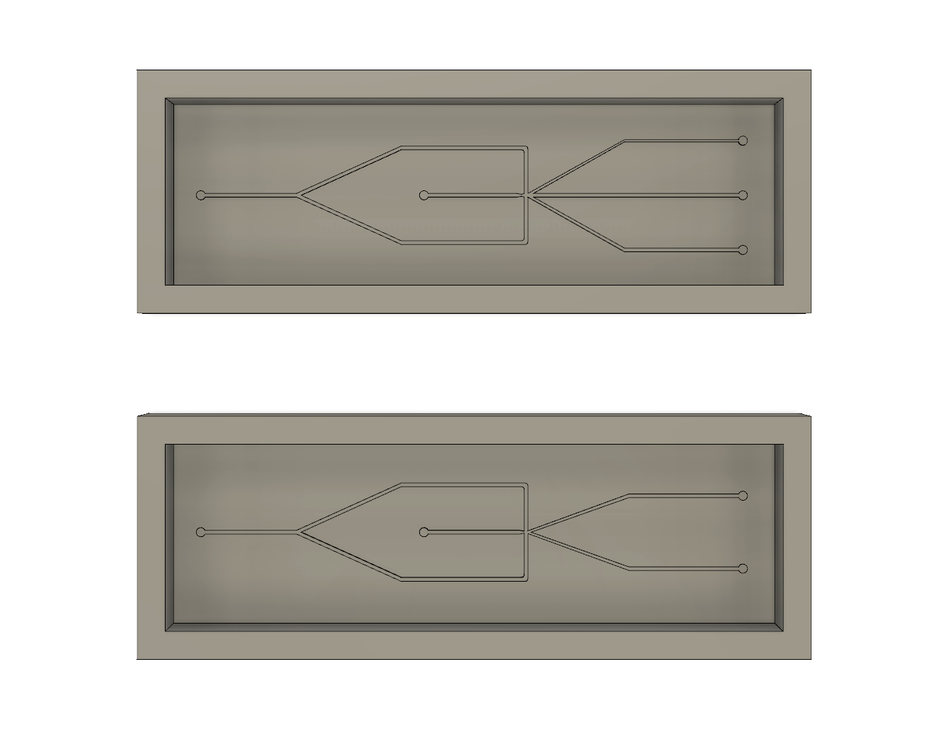 Two Fusion360 CAD renders of the droplet generator chip showing the channel network